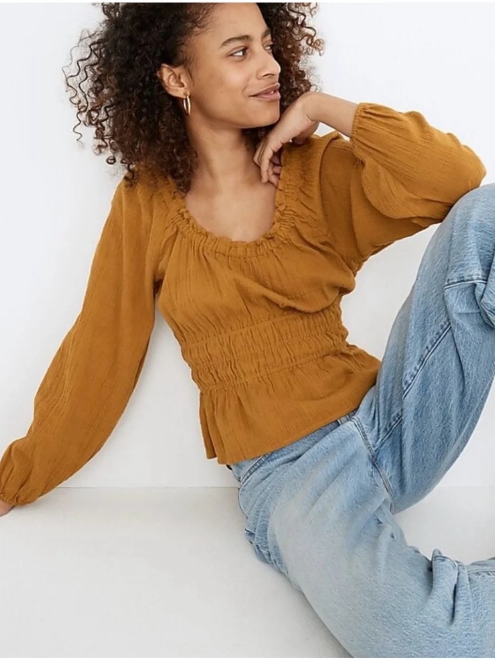 Madewell Mustard Smocked Peasant Top